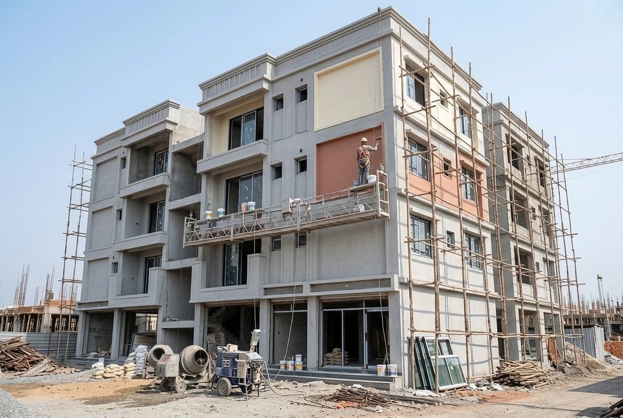 The exterior of a building being finished, with scaffolding along a plastered and part-painted facade.