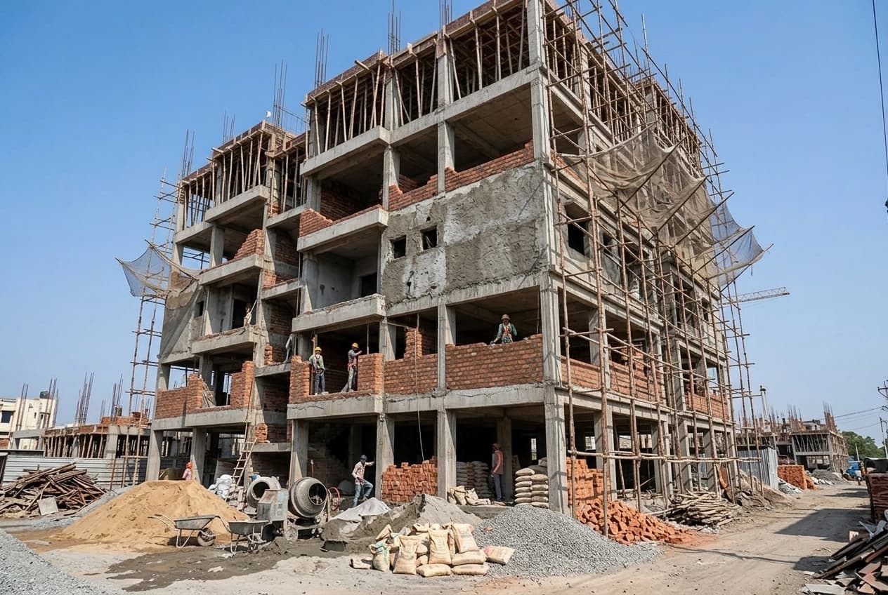 The reinforced-concrete frame of a building under construction, columns and slab edges exposed.