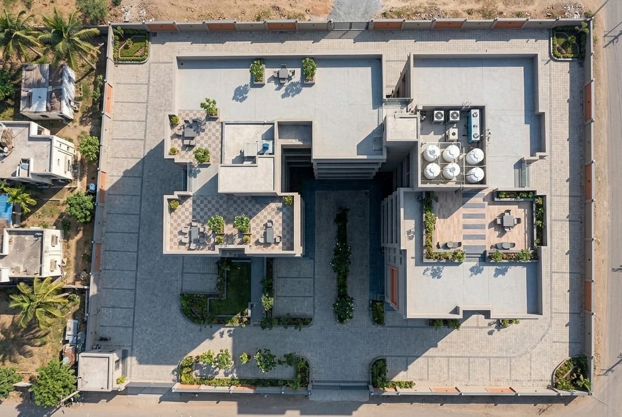A rooftop seen from above with overhead water tanks, a staircase headroom and terrace parapets.