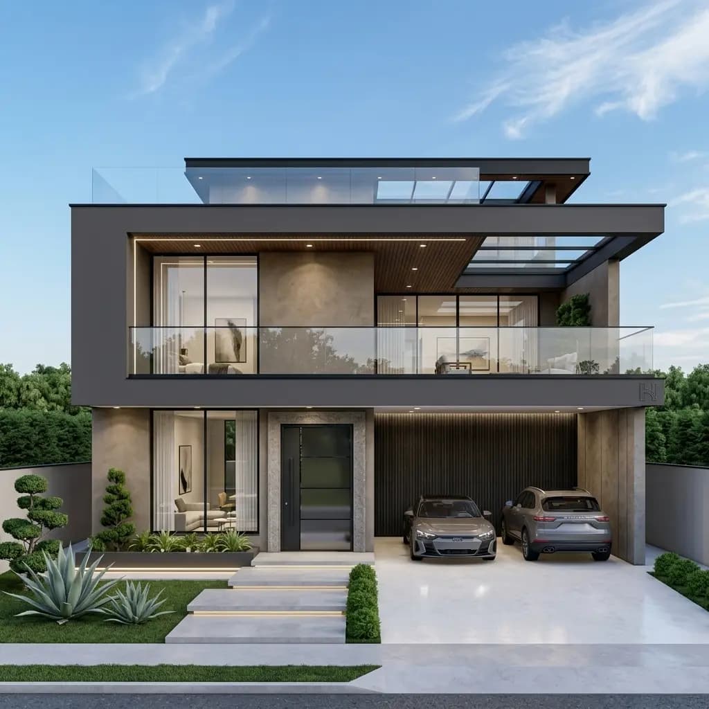 A two-storey contemporary house with a glazed first-floor balcony, a roof terrace, a covered car porch for two cars and a landscaped front garden.