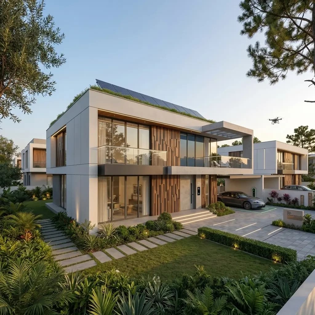 A two-storey house with rooftop solar panels, a timber-slatted facade, an electric car charging in the porch and a planted front garden with stepping-stone paths.