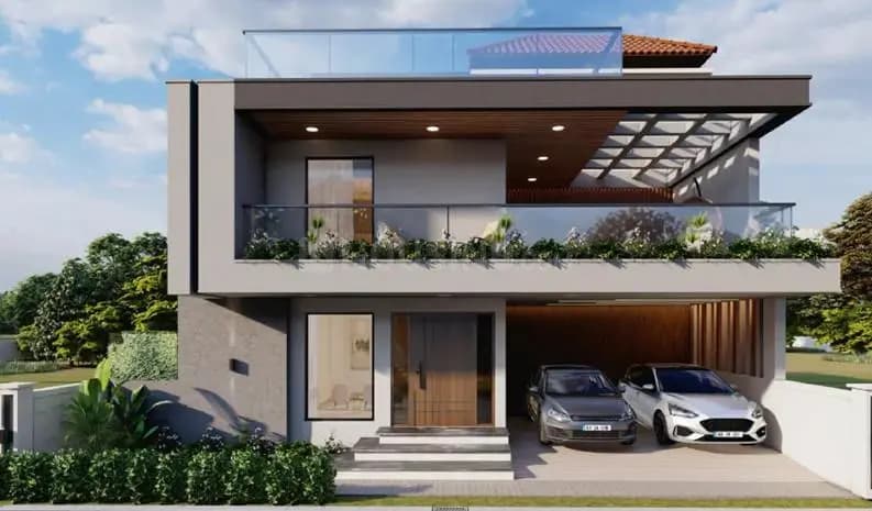 The front of a two-storey house with a timber-clad entrance, a planted first-floor balcony, a pergola and a covered car porch.