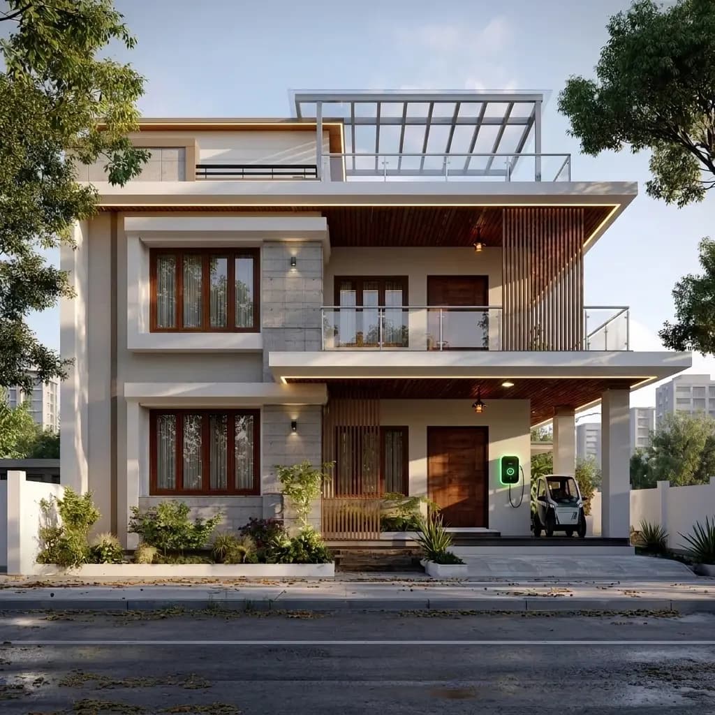 A contemporary two-storey house with a car porch, first-floor balcony, timber screens and a compound wall.