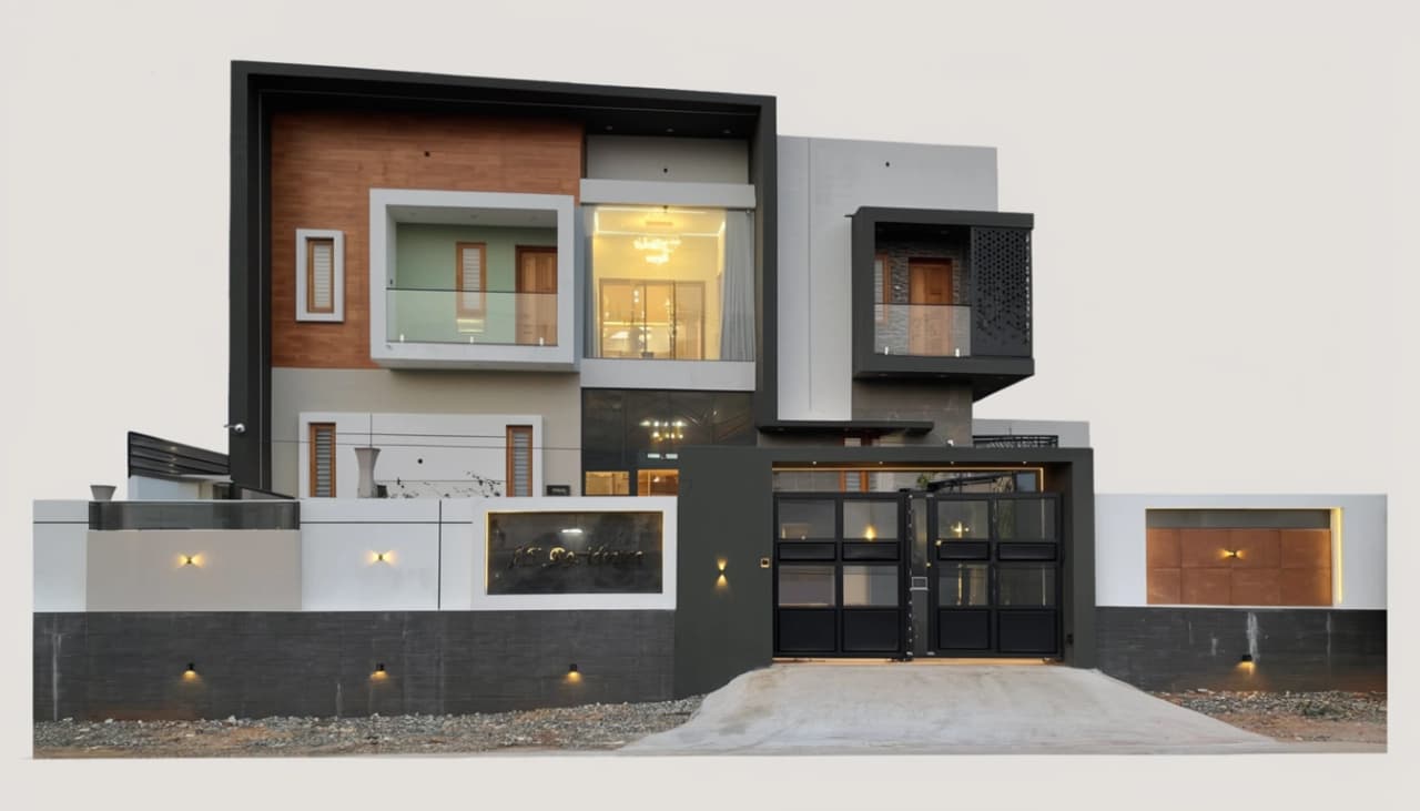 Conceptual visualisation of a contemporary G+1 house for a Hulimangala plot: a timber-clad upper floor, glass-railed balconies, a lit compound wall and a dark sliding gate over the driveway.