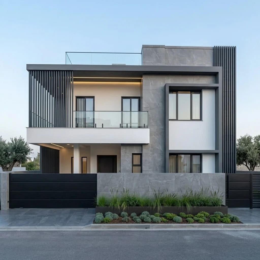 The front elevation of a completed house with a main door, balcony railings and large windows.