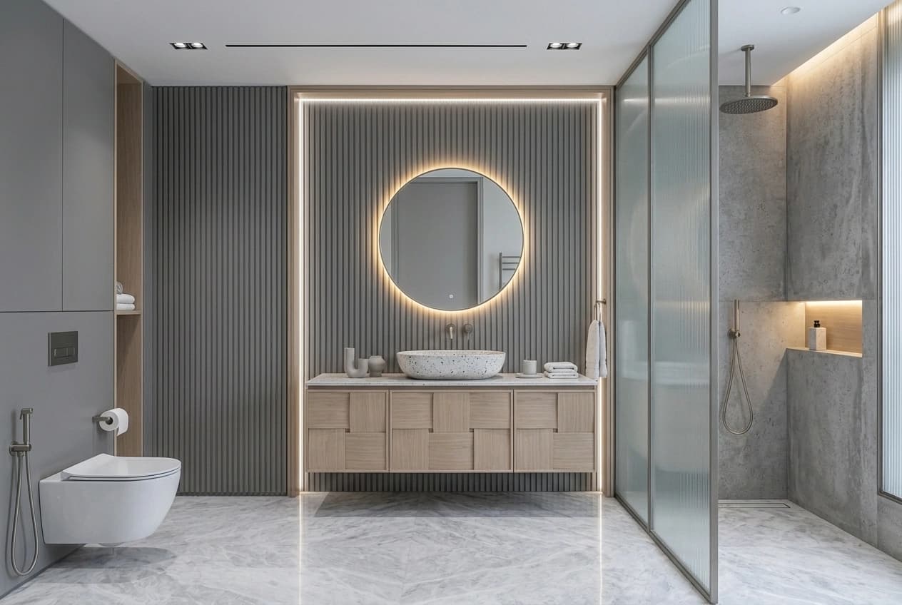 A bathroom vanity with a counter basin, a wall-hung mirror cabinet and full-height wall tiles.