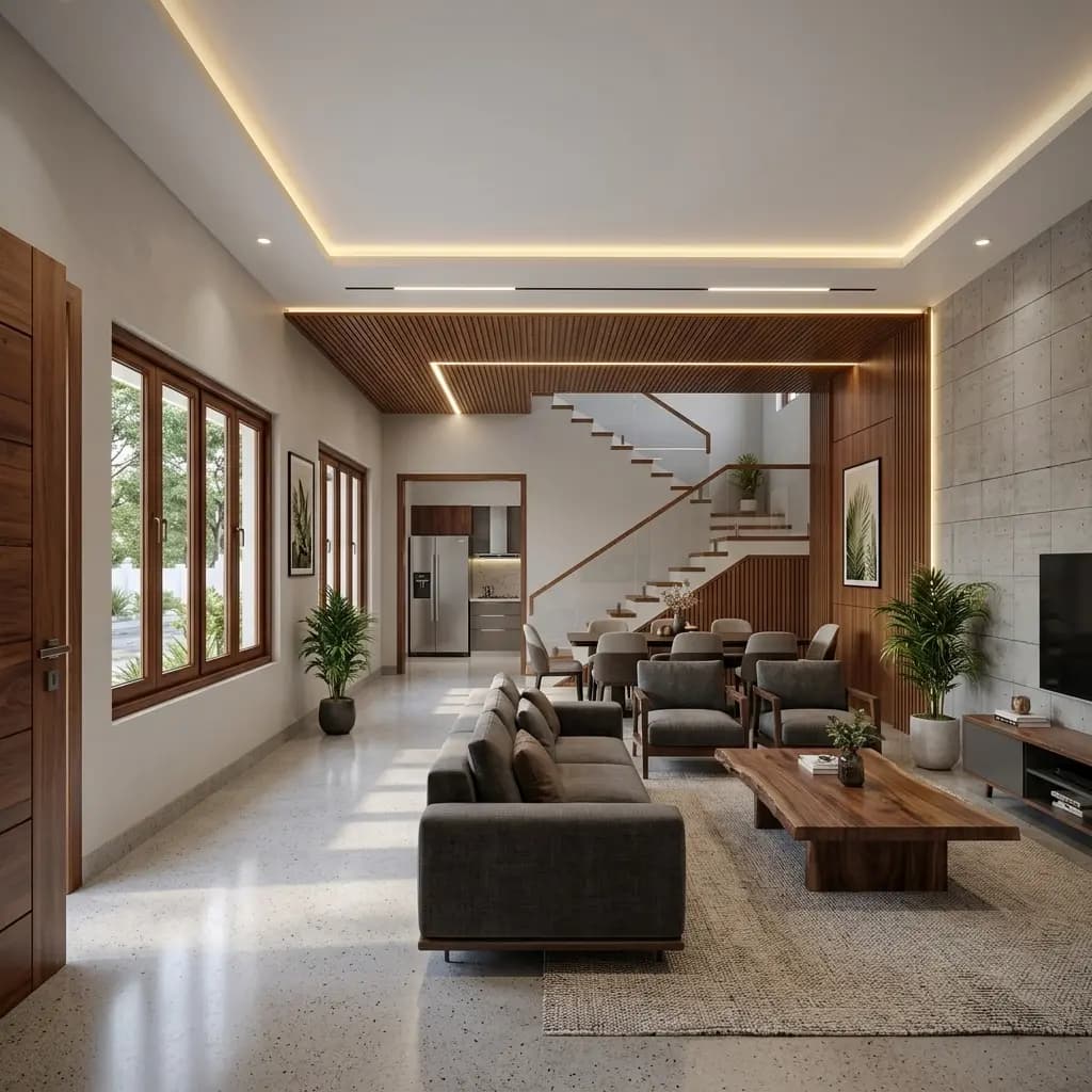 A finished living room with large-format flooring, a low sofa and a panelled feature wall.