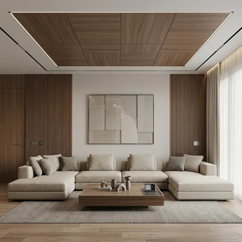 A living room with wide-plank timber flooring, a recessed timber false ceiling with cove lighting, slatted wall panelling and a low sectional sofa.