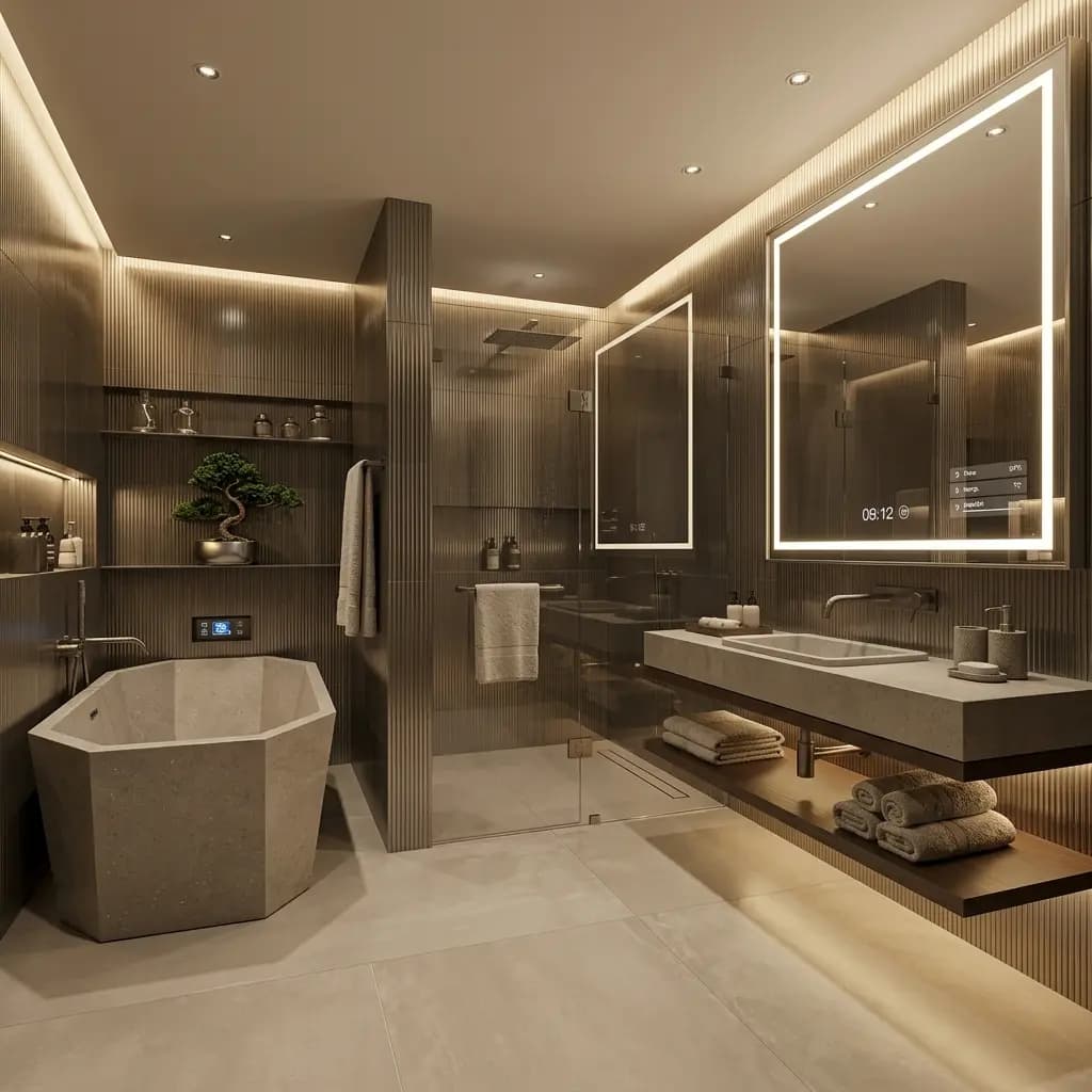 A bathroom with a stone freestanding bath, a glass shower enclosure, a floating stone vanity and a backlit mirror.