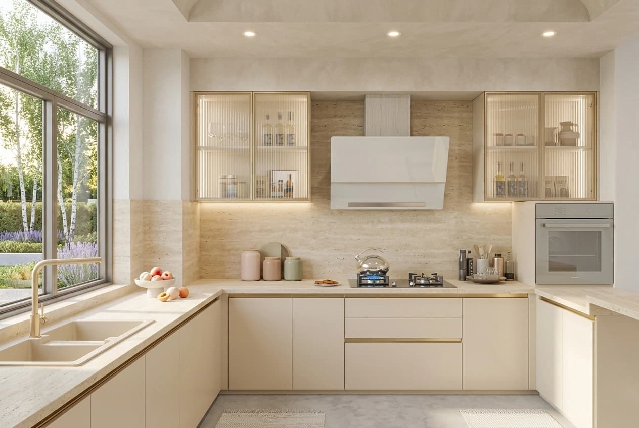 A kitchen wall with modular switch plates and appliance sockets set into the tiled dado.