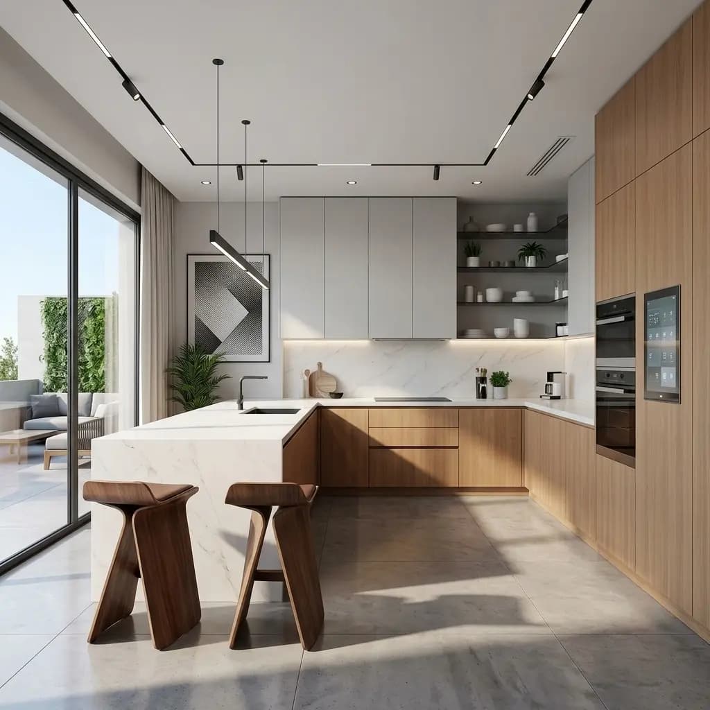 A modular kitchen with a marble-look quartz island, timber base units, matt grey wall units, a built-in oven and track lighting.