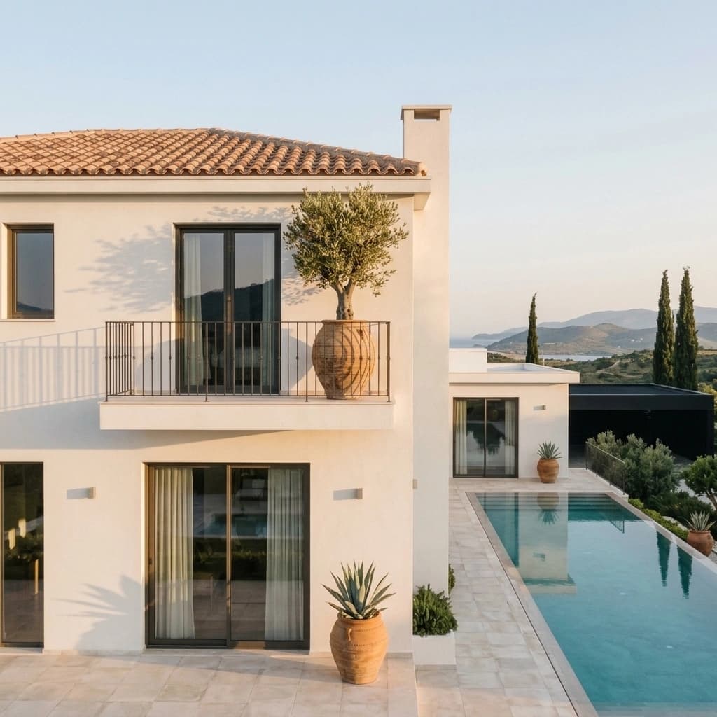 A corner of a villa showing a first-floor balcony with an olive tree in a terracotta pot, beside the pool terrace.