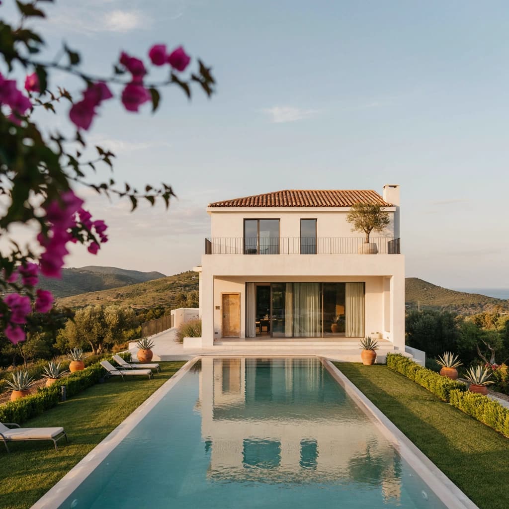 A two-storey villa with a tiled roof and first-floor balcony seen across a long reflecting pool, with bougainvillea in the foreground.
