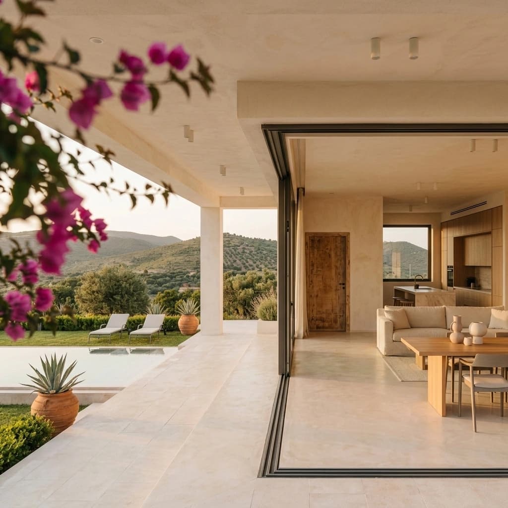 A covered terrace with sliding glass doors opening onto an open-plan living, dining and kitchen space, with a pool and olive groves beyond.